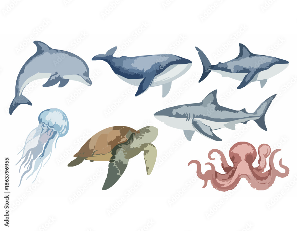 Fototapeta premium Cute Watercolor Sea Animal Vector Set for Kids Education and Learning