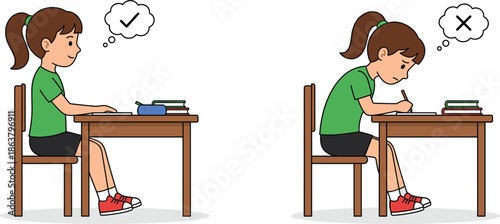 Correct and incorrect sitting posture for kids studying at desk illustration showing good bad habits classroom education concept