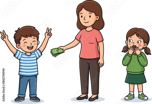 Children reacting to money reward illustration, happy kid celebrating prize, sibling jealousy concept, parenting lesson, family emotions, education theme