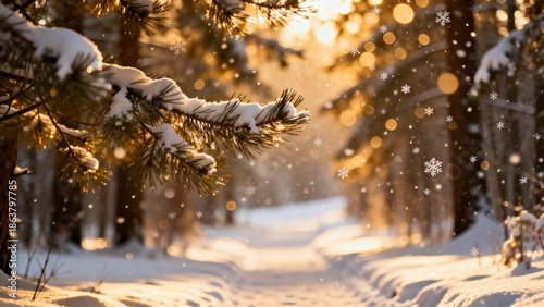 Snowy pine branches in a forest