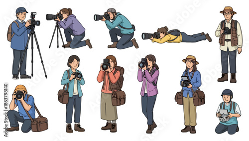 Photographers with cameras in various poses.