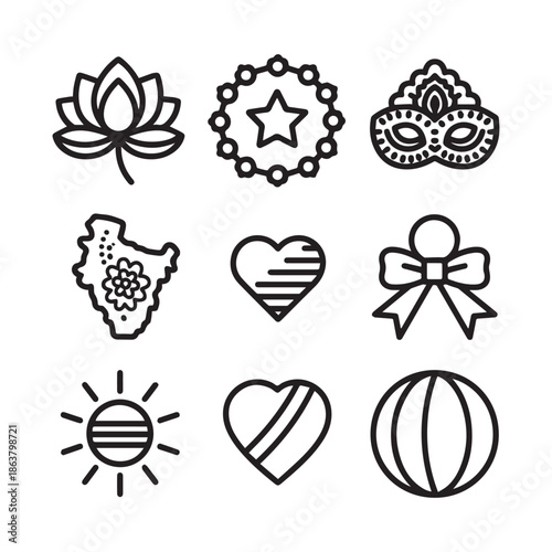 Set Of Indian Cultural Symbols Including Lotus India Map Henna Hand And Decorative Icons.