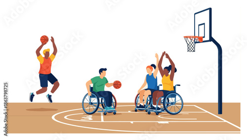 Disabled Men Playing Basketball in Wheelchairs.
