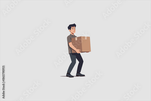 Young man carrying a cardboard box illustration, delivery and moving concept, logistics worker in flat vector style, isolated on light background, suitable for business and service themes. 