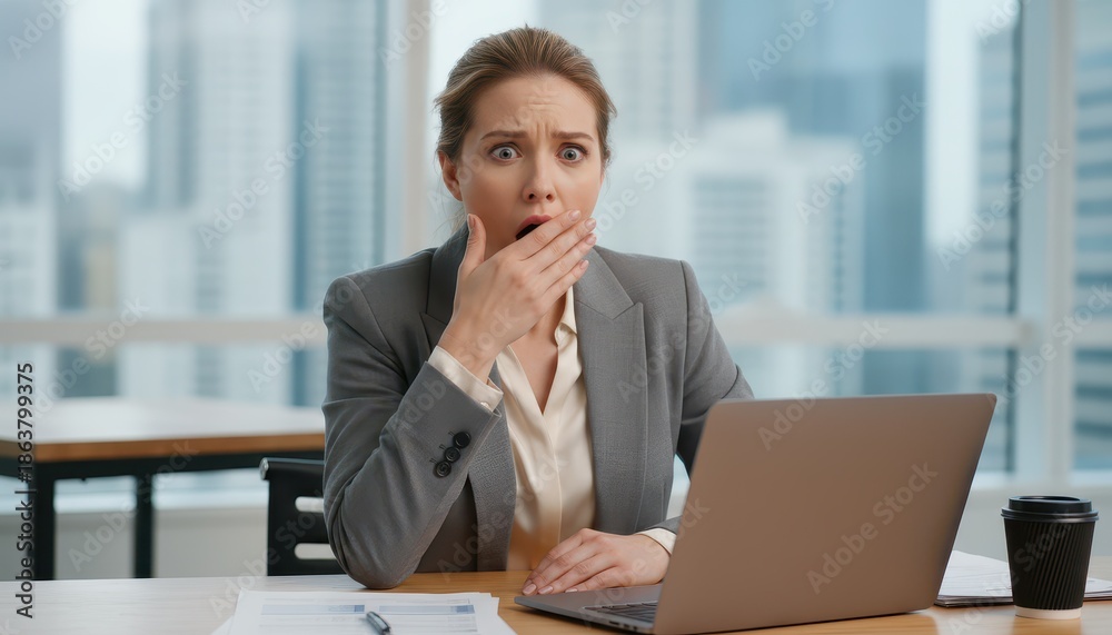 Fototapeta premium Shocked Young Businesswoman Looking at Laptop with Disbelief in a Modern Office Setting