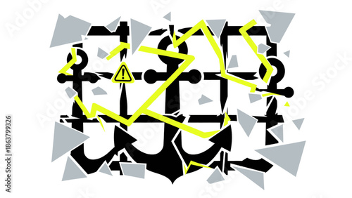 Maze Pattern Shattered with Warning Sign and Yellow Pathways