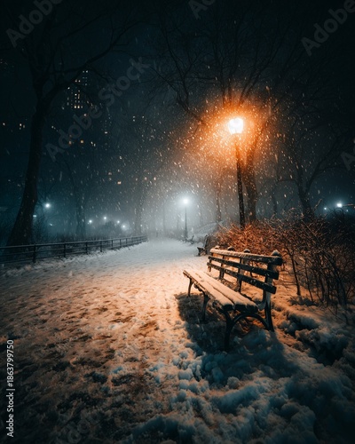 Snowy Night Park Bench Under Streetlight Glow