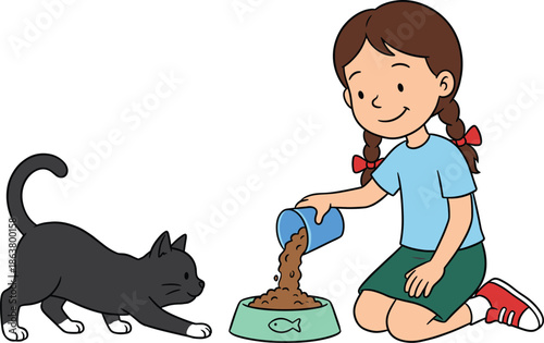 Girl feeding pet cat illustration, child caring for animal, kindness responsibility concept, pet care education, childhood empathy, love for animals