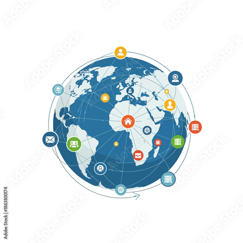 Global network connectivity with various communication and data icons around the world.