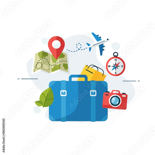 Travel and tourism concept with suitcase and travel accessories.