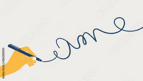 A hand holding a pen drawing a wavy blue line on a plain background, symbolizing creativity and freedom of expression in art and design with inspiration