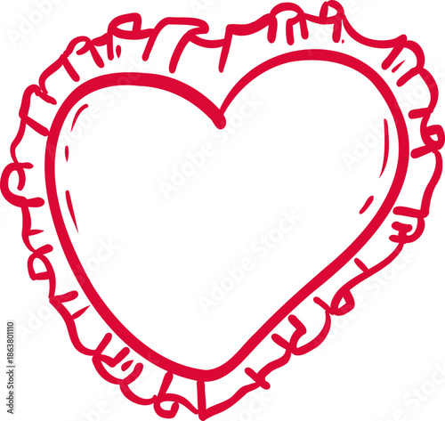 Sketch whimsical Red heart Doodle Crayon drawing. Romantic love line border, frame.