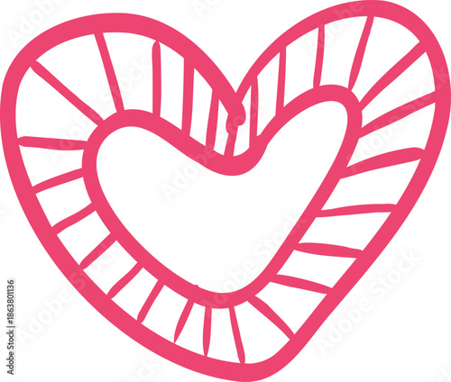 Sketch whimsical Red heart Doodle Crayon drawing. Romantic love line border, frame.