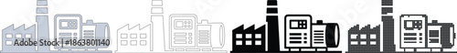 Four industrial building silhouettes in grey outline black and dot patterns factory line outline