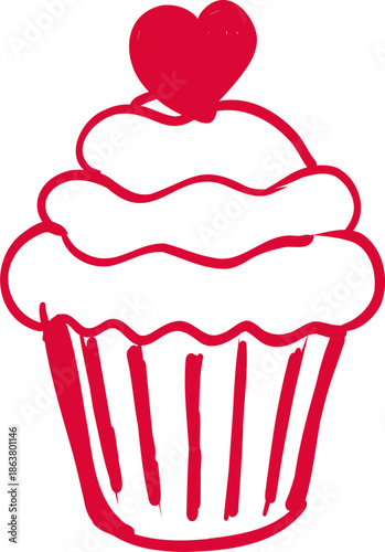 Sketch whimsical cupcake with heart  Doodle Crayon drawing. Romantic love line border, frame.