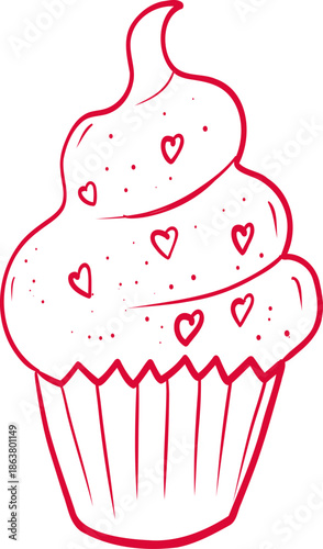 Sketch whimsical cupcake dessert with heart Doodle Crayon drawing. Romantic love line border, frame.