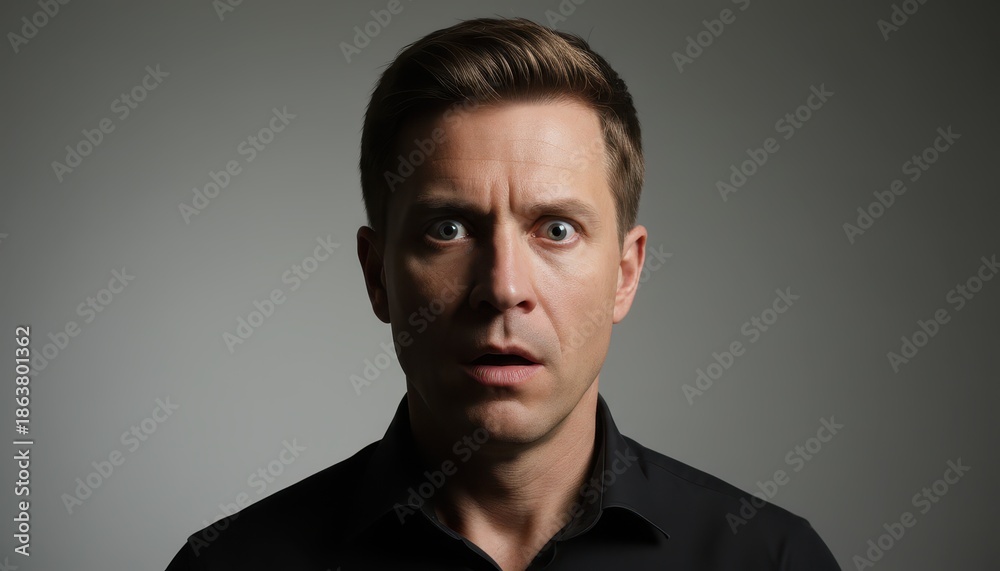 Fototapeta premium Close-up Portrait of a Shocked Man with Wide Eyes and Open Mouth on a Dark Studio Background