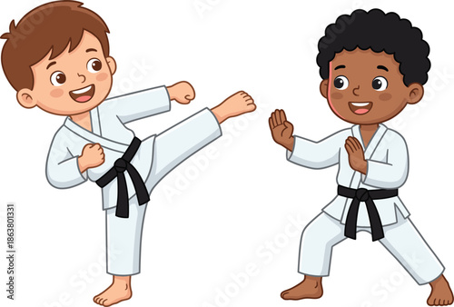 Kids practicing karate martial arts illustration showing boys in white gi uniforms performing kick and defense training