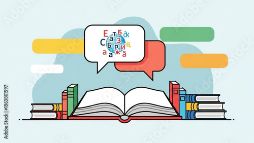 Colorful illustration of an open book with stacks of books on either side and speech bubbles containing letters on a light blue background with colorful rectangles