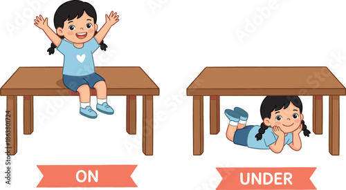 Prepositions for kids illustration showing on and under concepts with child and table educational cartoon diagram