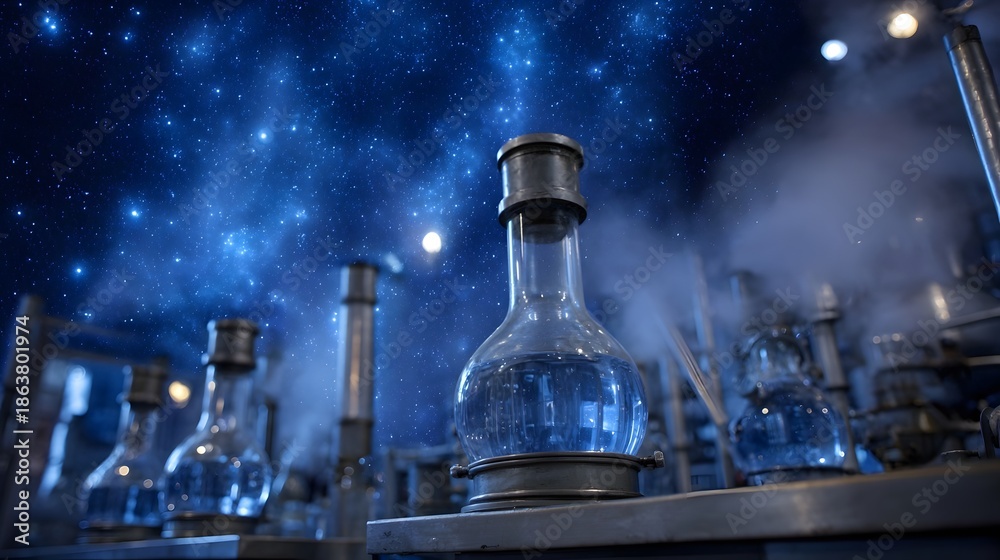 Fototapeta premium Glass flasks with glowing blue liquid undergoing distillation under a vibrant starry night sky in a scientific laboratory setting