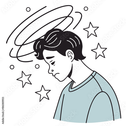 A young man with short dark hair, wearing a light blue shirt, looking dizzy or concussed. His eyes are closed with spiral lines indicating vertigo, and three spinning rings circle above his head.