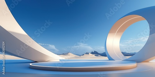 Abstract geometric shapes in blue and white with an open circular frame featuring desert dunes and distant mountains under a clear sky, for product display or presentation background.