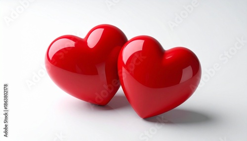 Two glossy red hearts side by side on white background.