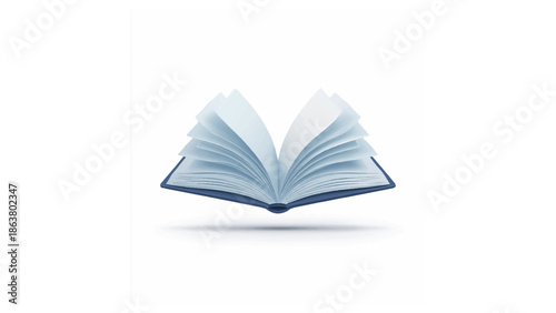 Illustration of an open book with blue cover and white pages standing on a white surface casting shadow
