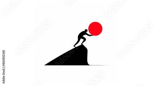 Silhouette of a man pushing a red oval up a black hill against a plain white background in a minimalist style