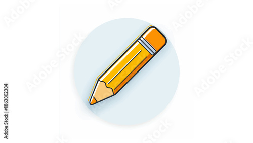 Illustration of a sharpened yellow pencil with an eraser on a light blue oval background image