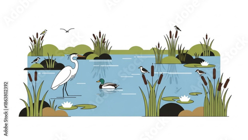 Serene wetland scene with white heron, ducks, and various birds amidst lush vegetation and water lilies in a peaceful natural environment with nature