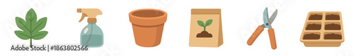 Set of six gardening items including a leaf, spray bottle, pot, seed packet, shears, and seedling tray in a flat cartoon illustration style for home planting concepts
