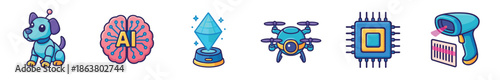 Collection of colorful technology icons featuring a robot dog, AI brain, drone, chip, hologram, and barcode scanner in a cute cartoon vector illustration style for modern concepts