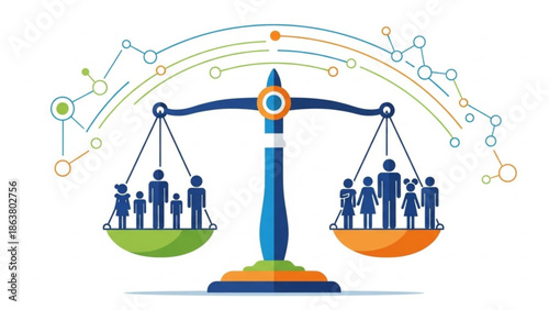 Balancing act of family and work life, equality and diversity concept with scale and people silhouettes in modern design with balance and illustration