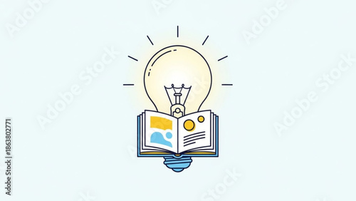 A creative lightbulb idea emerging from an open book with colorful pages on a plain background, symbolizing inspiration and innovation in education and learning