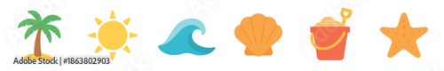 Set of summer beach themed icons including a palm tree, sun, wave, seashell, sand bucket, and starfish in a colorful flat design style for vacation concepts