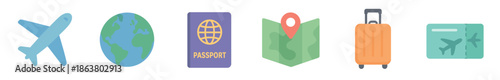 Colorful set of flat travel icons including an airplane, globe, passport, map, suitcase, and ticket for tourism and vacation concepts, presented in a minimalist vector style