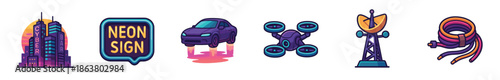 Set of six futuristic cyberpunk icons featuring a city skyline, flying car, drone, and satellite dish, all rendered in a vibrant, cartoonish vector illustration style