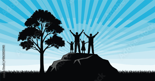 Silhouette family, victory pose, nature scene, radiant sky, standing on rock, tree foliage, unity moment, outdoor triumph, grass field, celebration