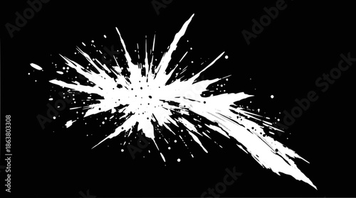 A dynamic white paint splash or ink splatter exploding across a dark black background, creating an abstract and energetic graphic design element.