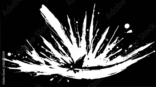 A dynamic white abstract splash or explosion on a black background, resembling a burst of energy or a powerful brushstroke.
