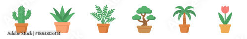 Diverse collection of potted houseplant icons featuring a cactus, succulent, fern, bonsai, palm tree, and tulip in a simple flat vector illustration style for home decor concepts
