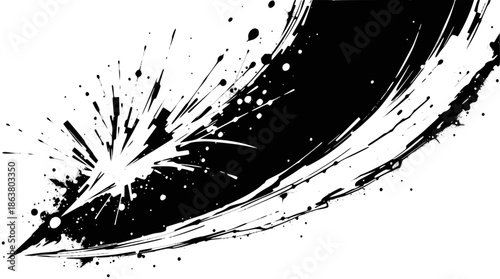 Dynamic black ink splash with a powerful sweeping brush stroke and scattered droplets on a clean white background, creating an energetic abstract graphic element.