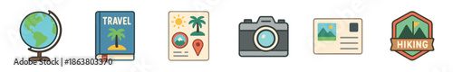 Set of six colorful travel icons including a globe, book, camera, postcard, and hiking badge in a flat cartoon illustration style for vacation and adventure concepts