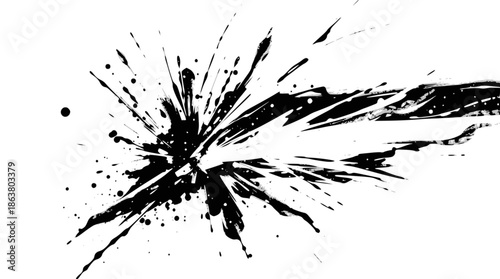 Dynamic black ink splash exploding outwards on a clean white background, creating an abstract grunge effect.