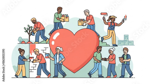 Diverse group of people working together to build a better community with a large heart symbolizing charity and volunteerism with diversity and teamwork