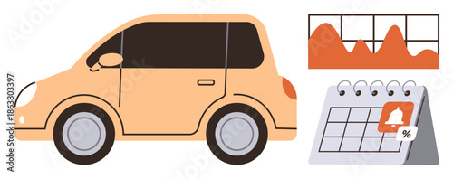 Car sharing, fleet management, transportation service, financial planning, logistics, automotive business. Orange car, performance graph reminder calendar. Car sharing and fleet management concept