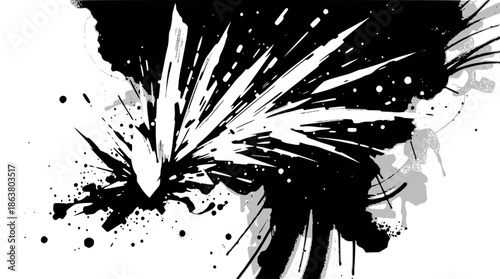 A dynamic black and white abstract ink splash design with sharp radiating lines and grunge texture, creating an explosive visual effect.