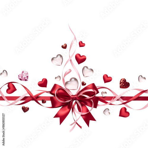 Romantic Red Ribbon and Hearts Decorative Border PNG with alpha channel